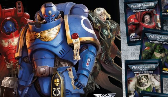 A warhammer 40k sticker album and packets of stickers featuring space marines.