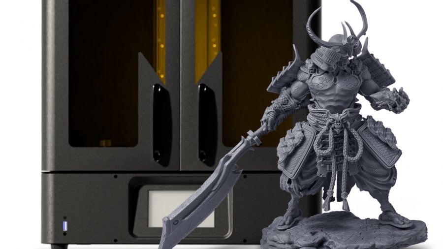 An extremely high quality 3D printed model beside a 3D printer.
