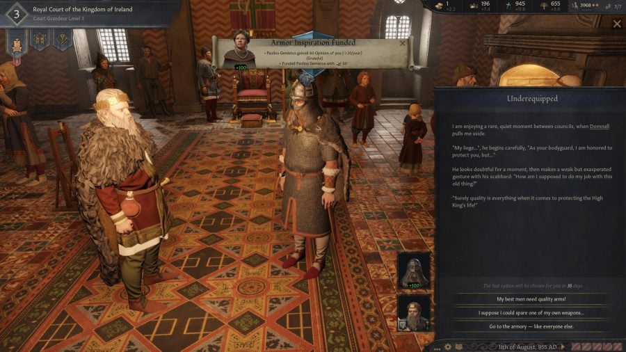 Crusader Kings 3 DLC Royal Court review - Author screenshot from CK3 gameplay showing a conversation dialog with a courtier at your royal court