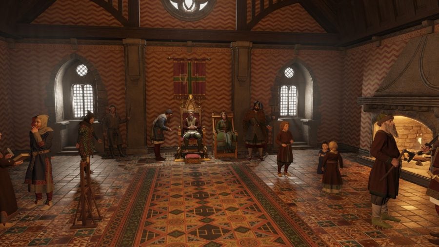 Crusader Kings 3 DLC Royal Court review - Author screenshot from CK3 gameplay showing a wide view of your Royal Court, including guards, spouse, and commoner petitioners, as well as courtiers
