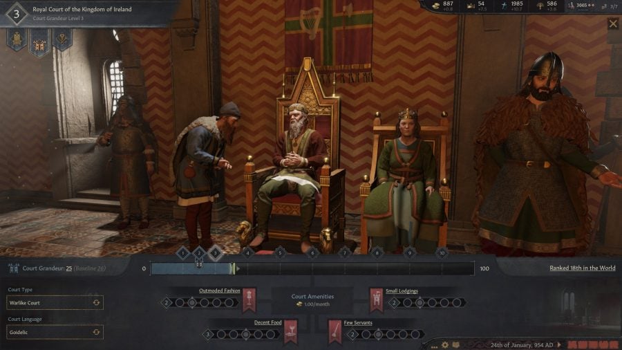 Crusader Kings 3 DLC Royal Court review - Author screenshot from CK3 gameplay showing the new Grandeur stats for your royal court