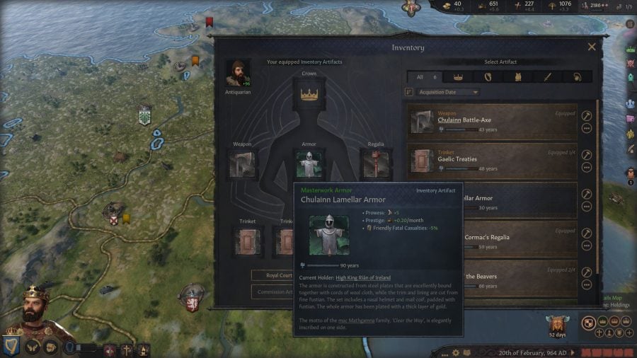 Crusader Kings 3 DLC Royal Court review - Author screenshot from CK3 gameplay showing the new Inventory system for your leader