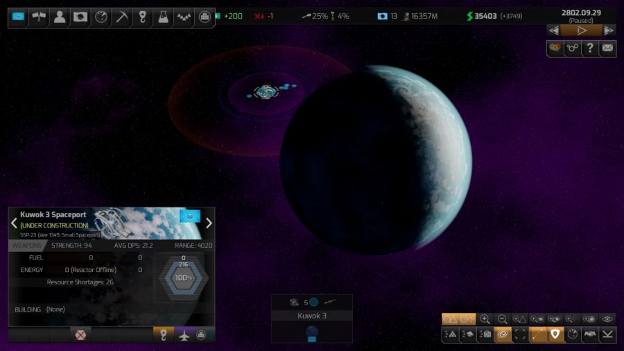 A screenshot of Distant Worlds 2, showing a planet wreathed in shadow, with a space station being constructed in the foreground.