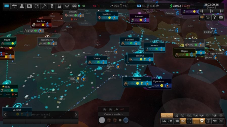 A screenshot of Distant Worlds 2 showing a map of nearby star systems in a galaxy filled with different alien civilisations.