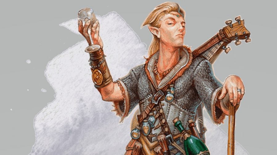 D&D 5E multiclassing guide - Wizards of the Coast artwork showing a bard with a lute and wine