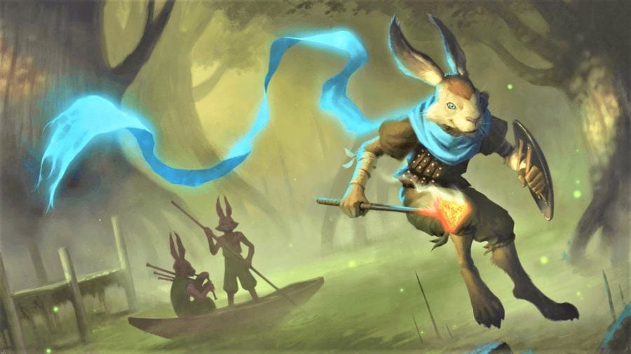 D&D 5E multiclassing guide - Wizards of the Coast artwork showing a Harengon character bouncing through the Feywild