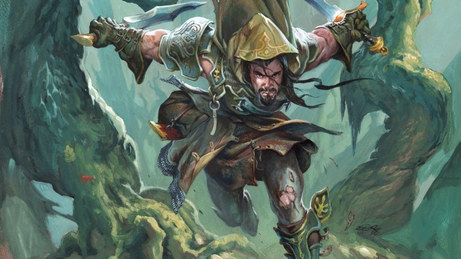 D&D 5E multiclassing guide - Wizards of the Coast artwork showing a human Ranger character with two swords running through a forest
