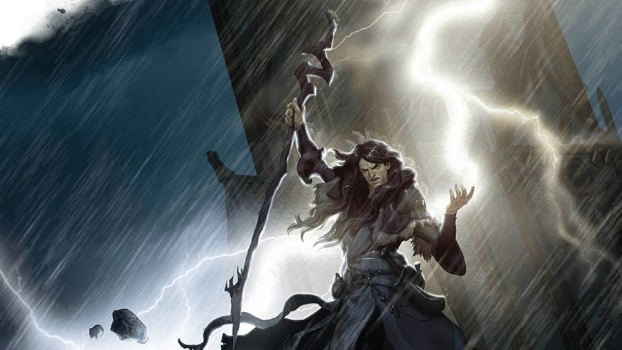 D&D 5E multiclassing guide - Wizards of the Coast artwork showing a spellcaster with a staff