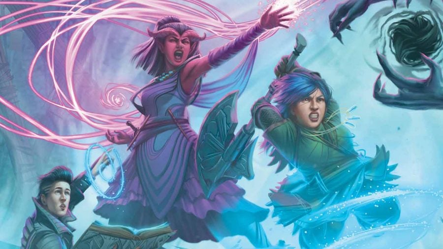 D&D 5E multiclassing guide - Wizards of the Coast artwork showing characters from Strixhaven including two spellcasters casting magic