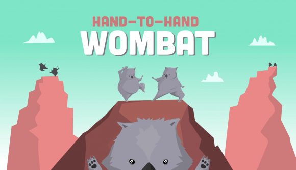 Artwork from Hand-to-hand Wombat, a new game by Exploding Kittens, showing wombats fighting on mountaintops