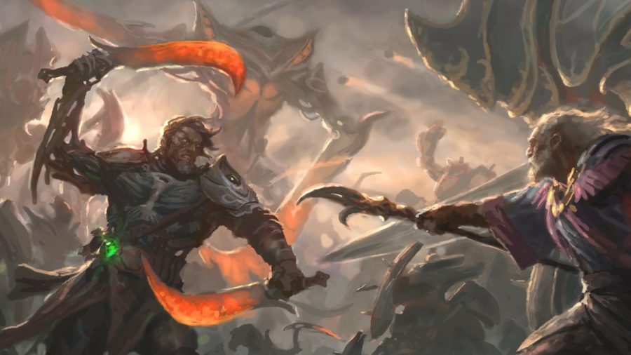 Magic: The Gathering 2022 hot takes - Wizards of the Coast card artwork from The Brothers War showing Urza and Mishra fighting on a battlefield full of robots