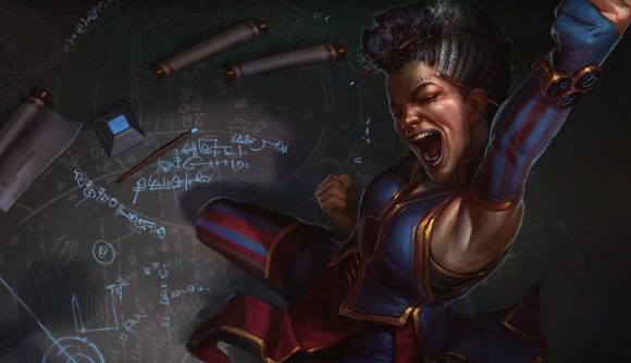 Magic the Gathering card art: A woman pumps her first after solving an equation