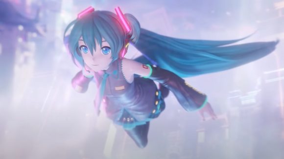 Magic: the Gathering Hatsune Miku music video showing the virtual pop idol flying through a neon city.