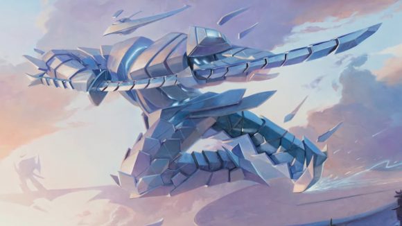 Magic the Gathering Kamigawa Neon Dynasty card art featuring a flying robot made of connected metal plates, giving an effect like origami. 