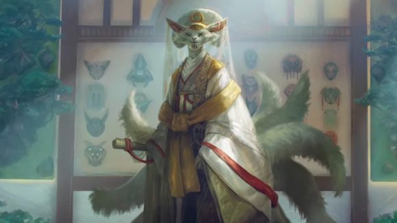 A cat with multiple tales from the Magic: the Gathering set Kamigawa: Neon Dynasty