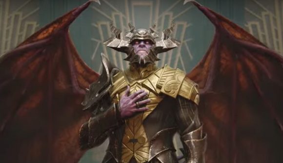 Magic the Gathering artwork showing a helmeted purple demon from the Streets of New Capenna set.
