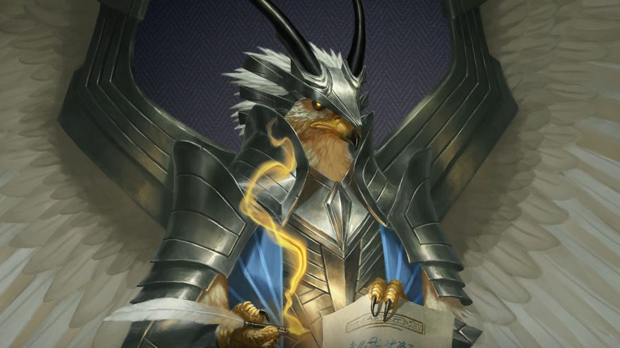 MTG Streets of New Capenna release date and spoilers Guide: A bird demon filling out paperwork with a feather quill