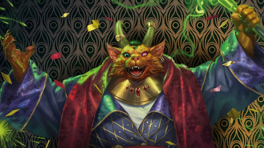 MTG Streets of New Capenna release date and spoilers Guide: A cat demon wizard holding a magic wand, throwing up his hands in celebration