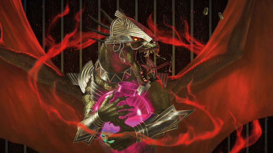 MTG Streets of New Capenna release date spoilers guide: A dragon wearing golden art deco clothing clutching a bowl of pink liquid