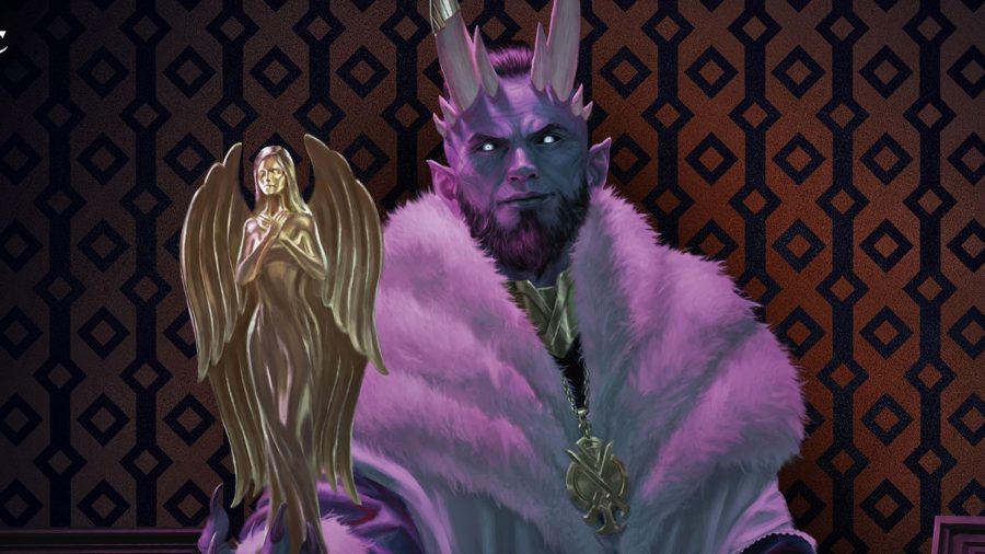 MTG Streets of New Capenna release date spoilers: A purple demon dressed in furs with a gold angel statuette.