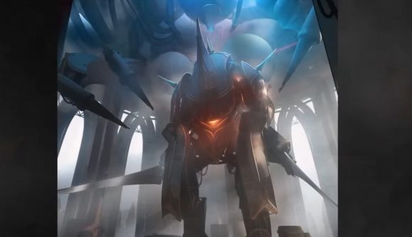 Magic: the Gathering, The Brothers' War artwork featuring a A miniscule figure looking up at a towering mechanical mech above them.