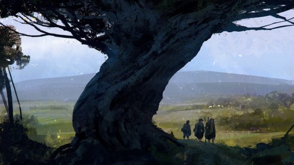 The One Ring RPG 2e retail release date artwork of landscape by Martin Grip