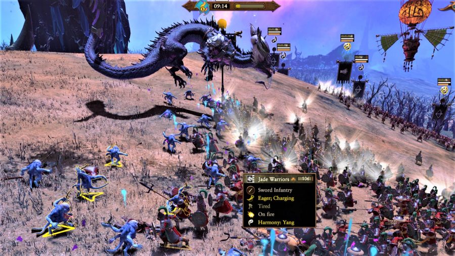 Total War Warhammer 3 review - reviewer's PC screenshot showing a battle scene with Miao Ying of Cathay leading battle against Tzeentch Daemons, aided by a Sky Junk