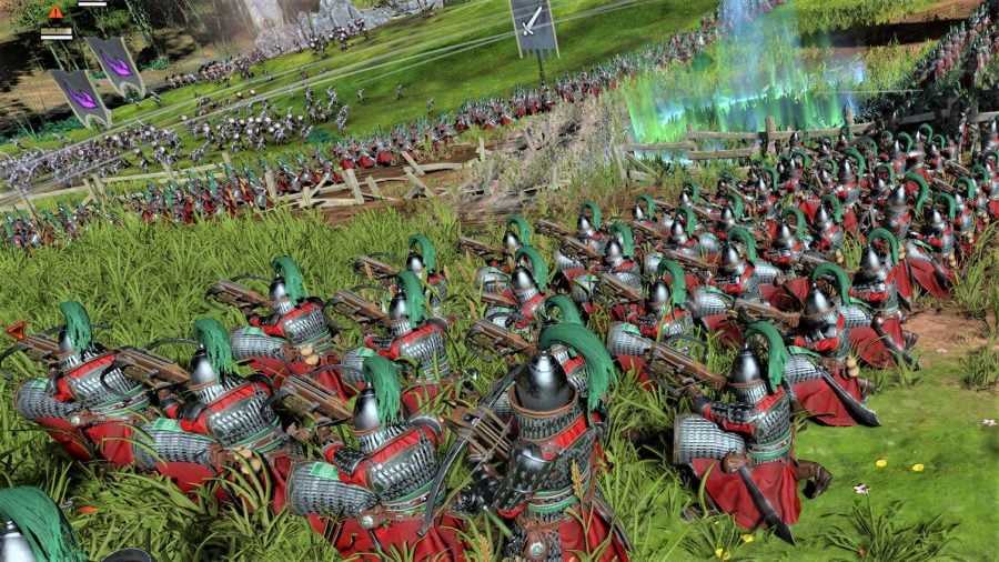 Total War Warhammer 3 review - reviewer's PC screenshot showing Cathay Jade Crossbowmen in ranks fighting Slaanesh daemons
