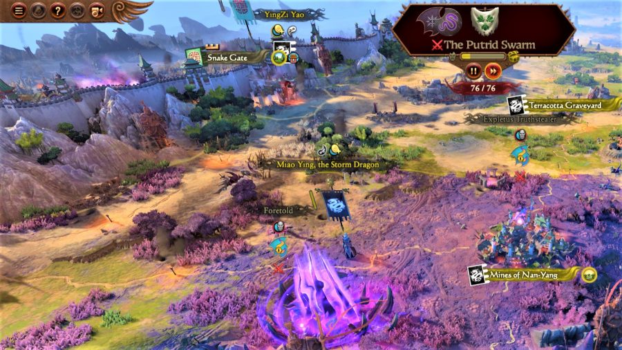 Total War Warhammer 3 review - reviewer's PC screenshot showing part of Grand Cathay on the campaign map, including the Great Bastion, and a chaos rift