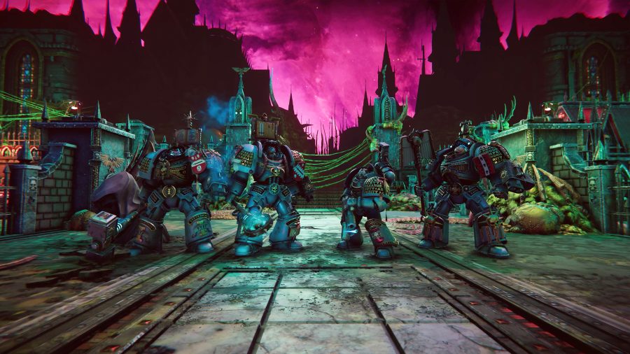 Warhammer 40k Chaos Gate Daemonhunters preview - 40k XCOM - Frontier Developments screenshot from Daemonhunters showing four Grey knights warriors of different classes in a squad, one armed with a Nemesis Daemon hammer
