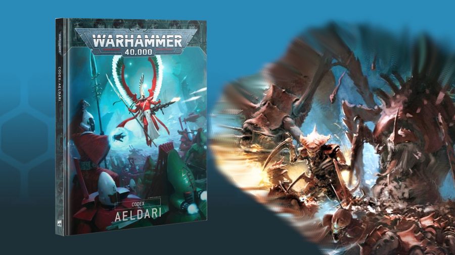 Warhammer 40k codex release date guide - compound image including the Aeldari Codex cover art, and part of a Warhammer Community artwork showing a large number of Tyranid bioforms