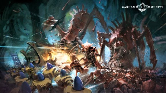 Warhammer 40k Eldar and Tyranids codexes coming next - Warhammer Community artwork showing Iyanden Aeldari fighting Tyranids