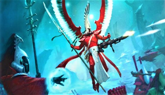 Warhammer 40k Eldar and Tyranids codexes coming next - Warhammer Community artwork showing an Eldar Autarch with Swooping Hawk wings, from the cover art for the 9th edition codex