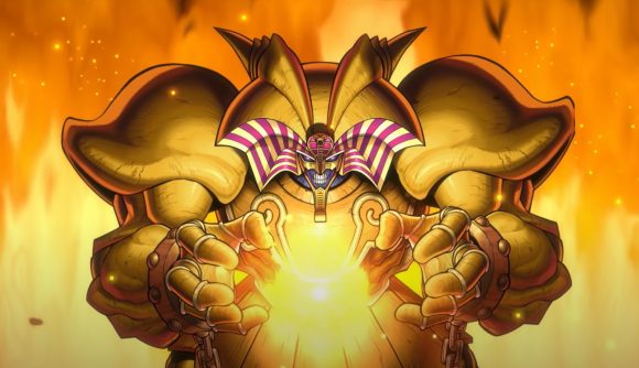 Exodia, a god from the Yugioh TCG holding a glowing fire ball with fire behind him.