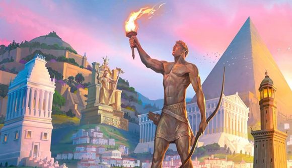 A statue of a man stands tall in a mismash of various ancient civilisations, from the box of 7 Wonders.