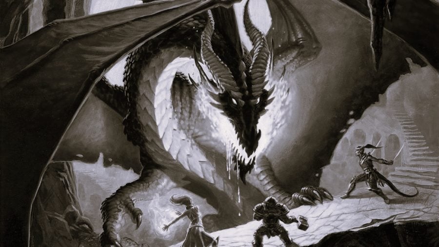 DnD planes - greyscale dragon and fighters