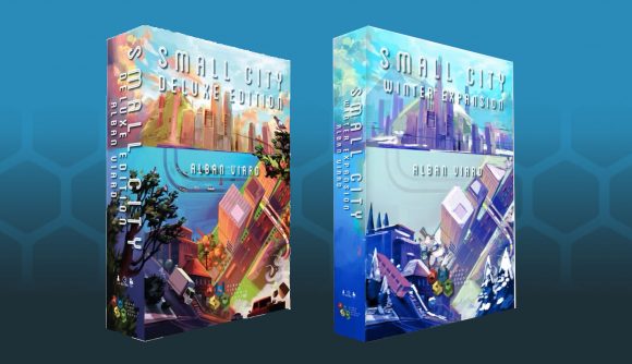 Small City Deluxe Edition Kickstarter - core box and expansion box on blue background