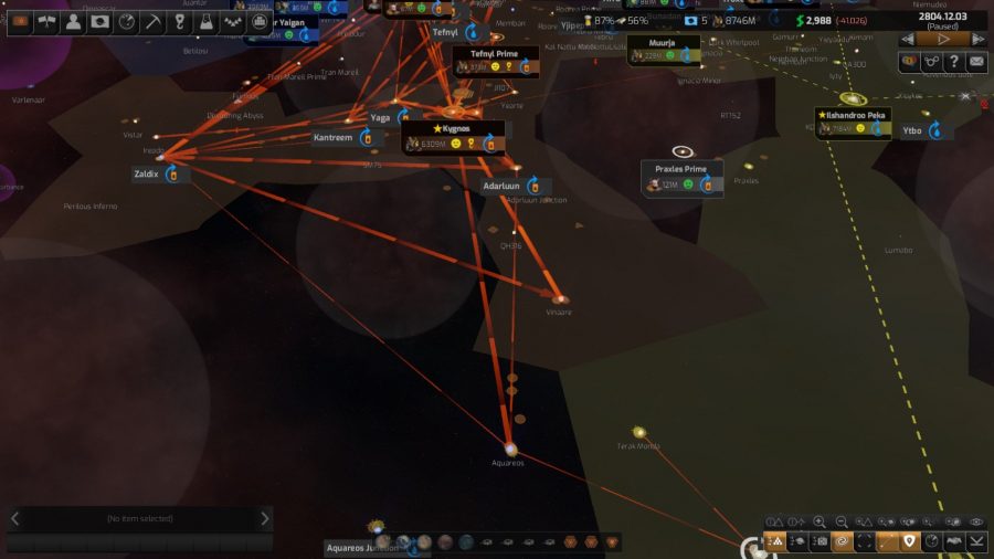 Distant Worlds 2 Review: A screenshot of Distant Worlds 2 showing resource flow between star systems
