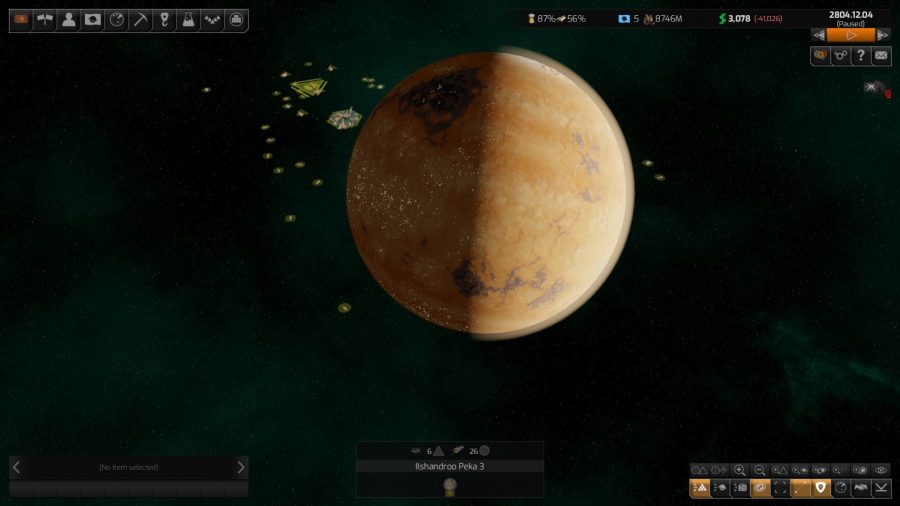 Distant Worlds 2 Review: A screenshot of Distant Worlds 2 showing a close up of a desert planet and some ships around it.
