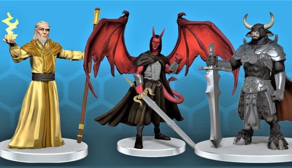 DnD Critical Role Miniatures Wizkids third wave release - Compound image from sales images of the new Critical role miniatures, showing Sunbreaker Ulumon, Trent Ikithon, and a winged demon