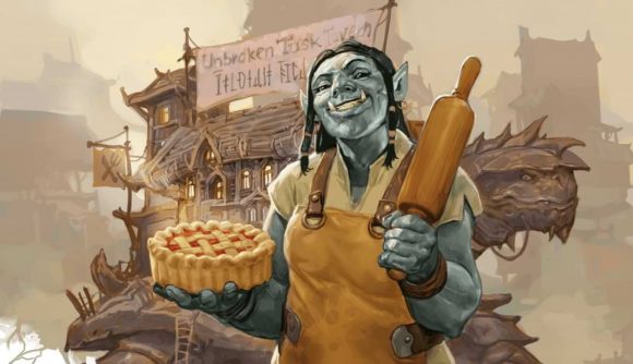 DnD free adventure critical role book: An orc wearing an apron, holding a rolling pin and a pie.