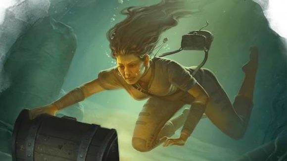 DnD free adventure critical role book: a woman swimming underwater, opening a treasure chest.