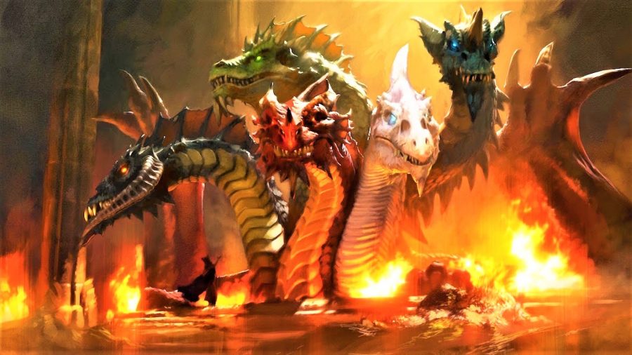 DnD gods: a five headed dragon in a lava-filled cavern.