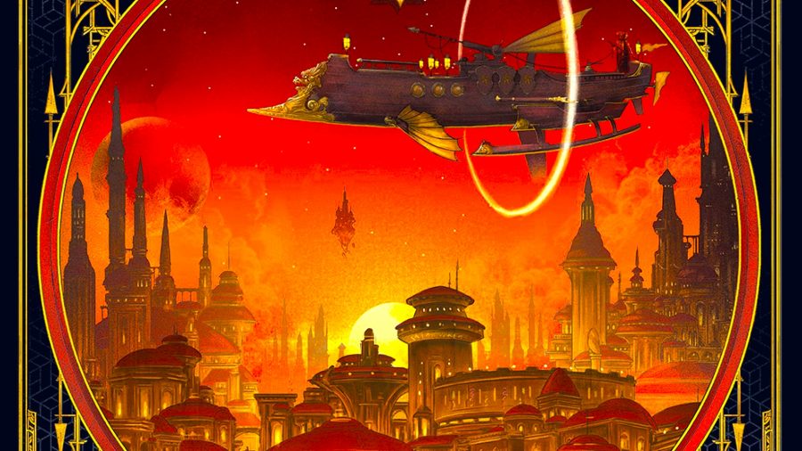 DnD settings - Eberron airship over city cover art