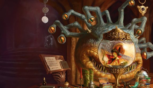 Dnd Spelljammer relaunch hinted at: An image of a beholder looking at a fish in a bowl.