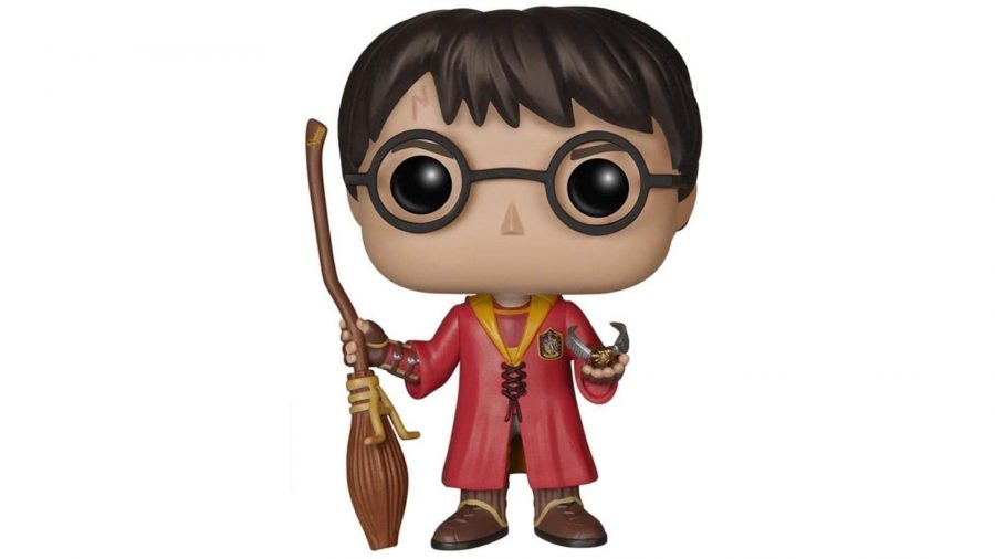 A Funko Pop of Harry Potter playing Quidditch