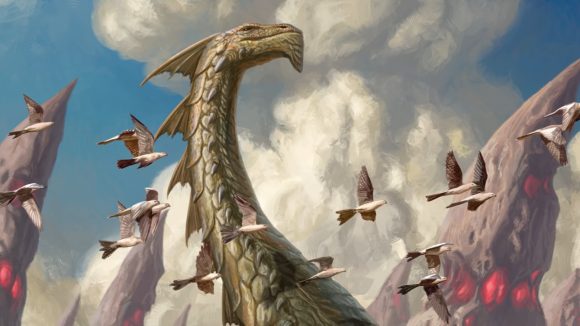 Magic the Gathering Ban: Dinosaur artwork from Ikoria Lair of Behemoths set.