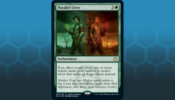 Magic the Gathering judge promos Urza and Mishra: The magic the gathering card Parallel Lives featuring Urza and Mishra card art on the Wargamer blue background.