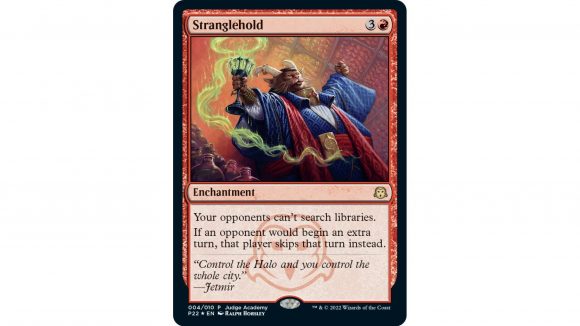 Magic the Gathering judge promos Urza and Mishra: The magic the gathering card Stranglehold featuring artwork showing Jetmir, cat demon from Streets of New Capenna.