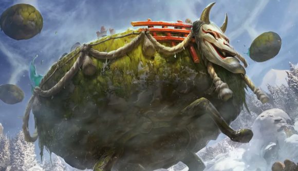Magic: The Gathering Mark Rosewater says future MTG sets in Kamigawa are likely- a spirit from Kamigawa floating through a mountainous landscape.